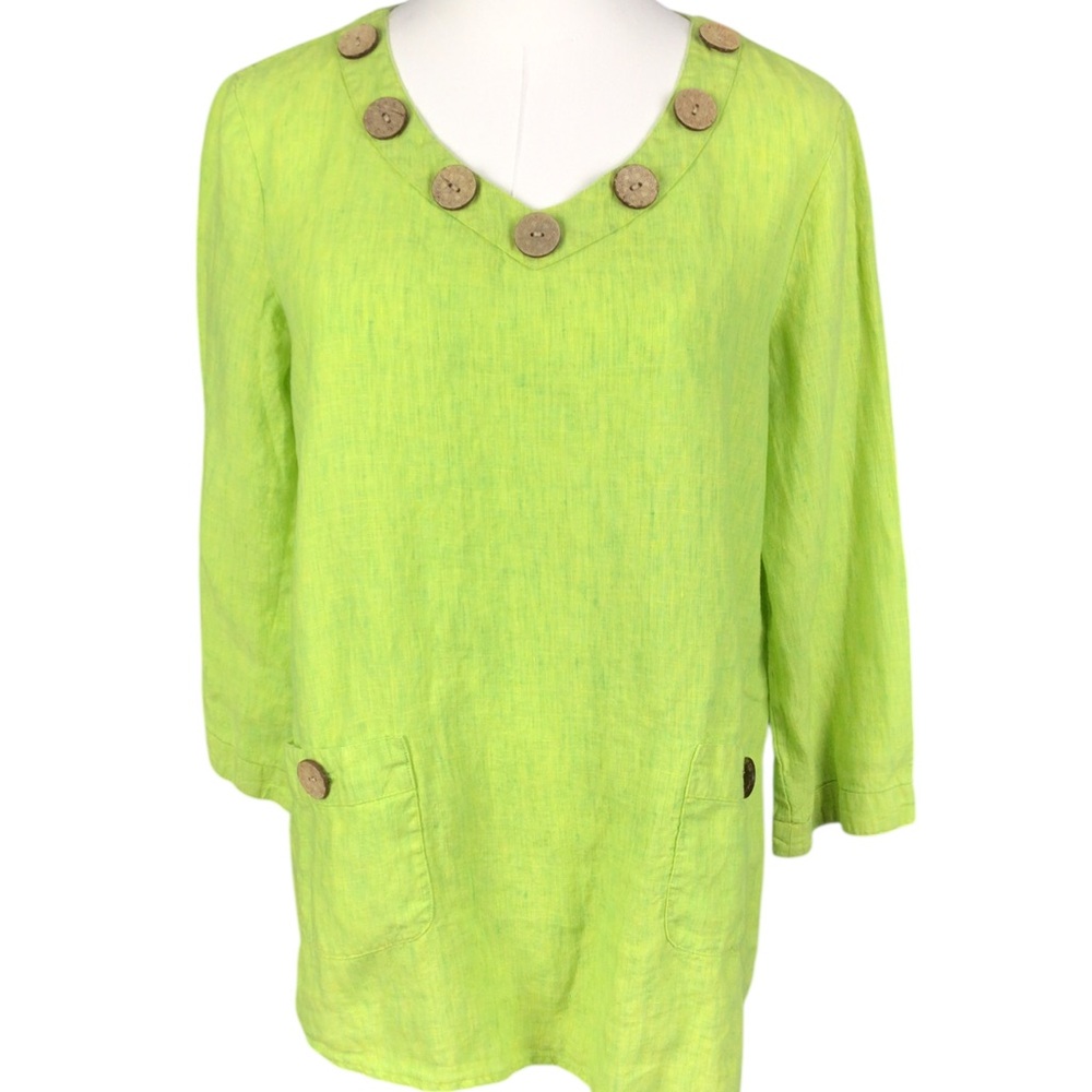 Ali Miles Linen Lime Green Button-Accent Women's Top Small Cruise Wear Beachy